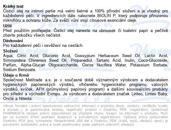 Intimní čisticí Olej Bezopl.onclé Biorganic 100ml - popis