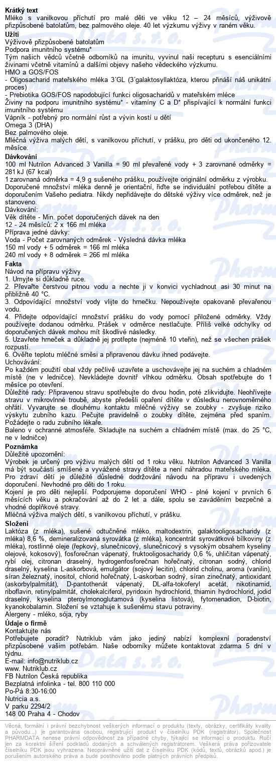 Nutrilon Advanced 3 Vanilla 800g - popis
