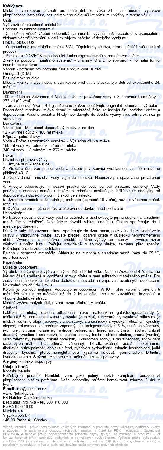 Nutrilon Advanced 4 Vanilla 800g - popis