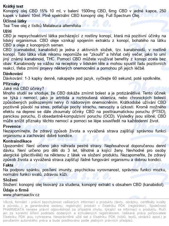 Cbd 15% Full Spectrum Konopný Olej 1500mg 10ml - popis