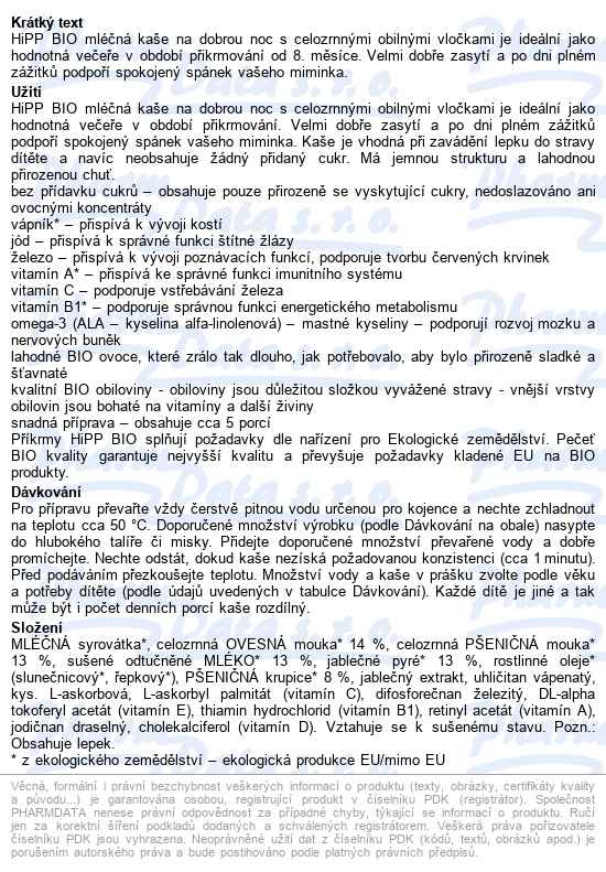 Hipp Mléč.kaše Na Noc Ovesná-jablečná Bio 8m 250g - popis