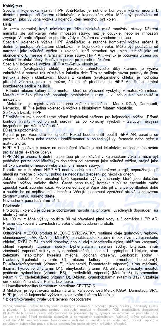 Hipp Anti-reflux Speciální Kojenecká Výživa 600g - popis