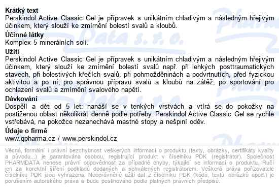 Perskindol Active Classic Gel 100ml - popis