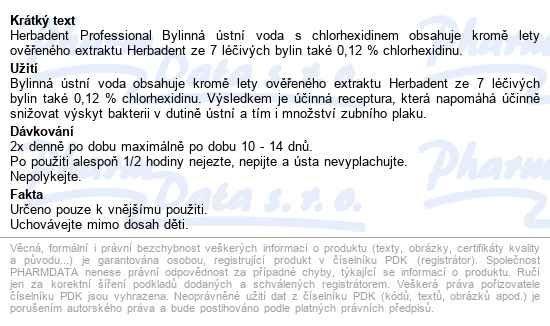 Herbadent Profesionální bylinní ústní Voda S Chlorhexidinem 240ml - popis