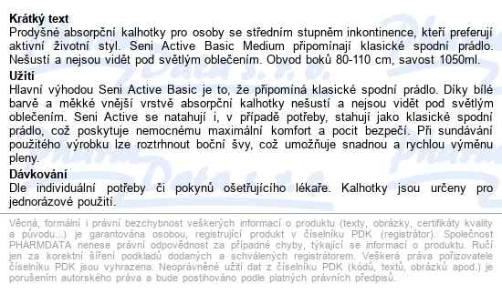 Seni Active Basic Medium kalhotky absorpční natahovací, boky 80-110cm,prody - popis
