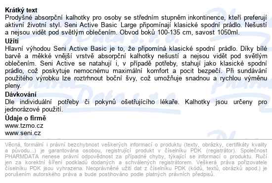 Seni Active Basic Large kalhotky absorpční natahovací, boky 100-135cm - popis