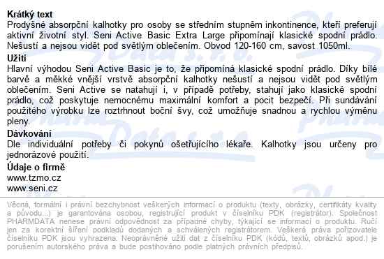Seni Active Basic Extra Large kalhotky absorpční natahovací, boky 120-160cm - popis