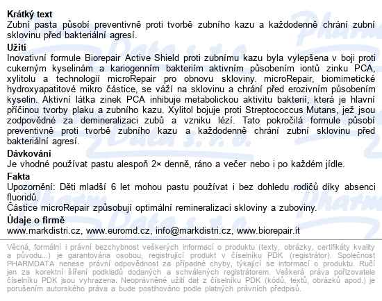 Biorepair Advanced Active Shield Zubní Pasta 75ml - popis