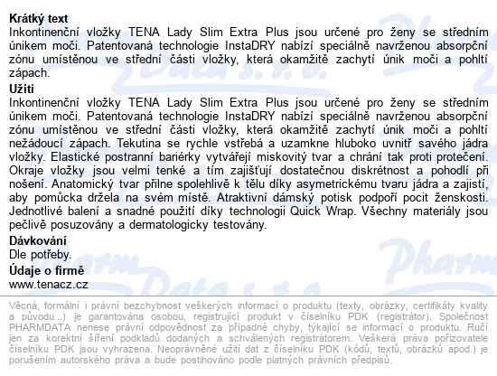 Tena Lady Slim Extra Plus vložky absorpční,580ml,16ks - popis
