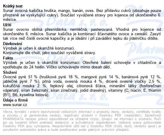 Sunar Ovocná Kašička Mix Ovoce Ovesné Vločky 120g - popis