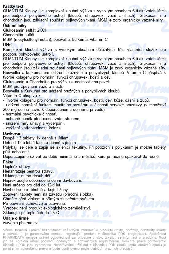 Quantum Klouby+ 6 Složek Tbl.120+60 Bio-pharma - popis