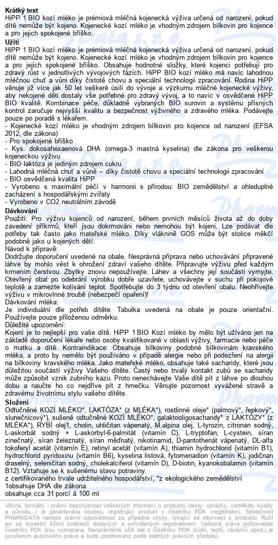Hipp Kozí Mléko Bio 400g - popis