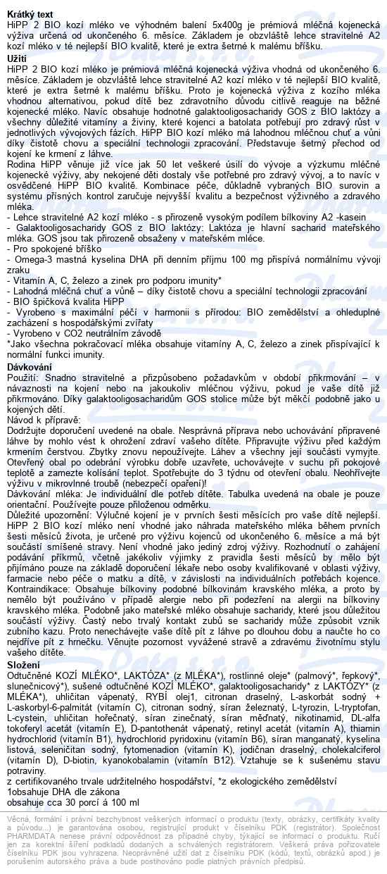 Hipp Kozí Mléko Bio 6m 5x400g - popis