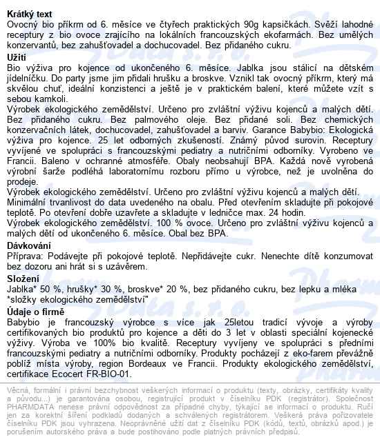 Babybio Jablko, hruška a broskev pyré 4x90 g - popis
