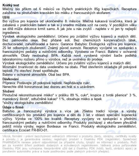 Babybio Mléčná krupice s kakem svačinka 4x85 g - popis