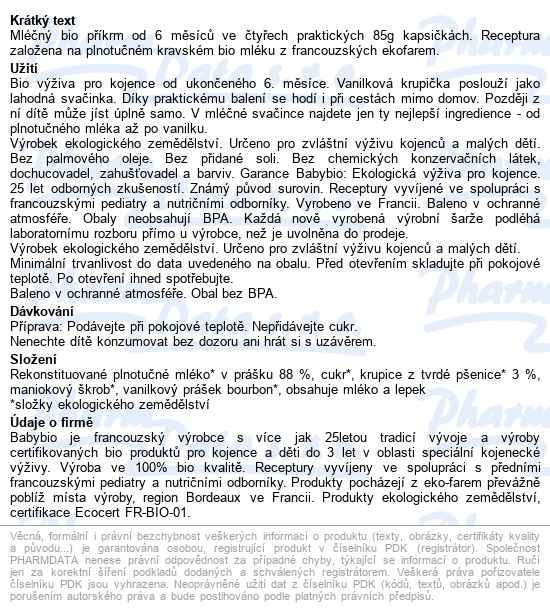 Babybio Mléčná krupice s vanilkou svačinka 4x85 g - popis