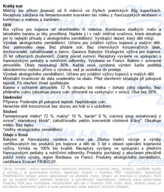 Babybio Mléčná svačinka malina s banánem 4x85 g - popis