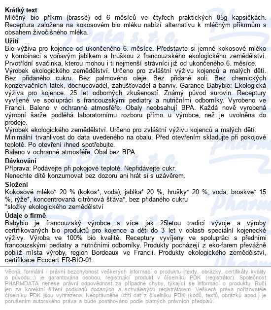 Babybio Jablko a hruška svačinka s kokosovým mlékem 4x85 g - popis