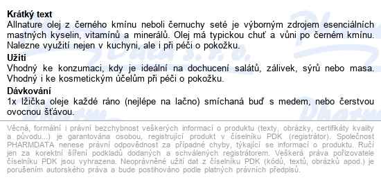 Allnature Olej Z černého Kmínu Bio 250ml - popis