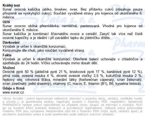 Sunar Ovocná Kašička Broskev Jablko Ovesné Vl.120g - popis