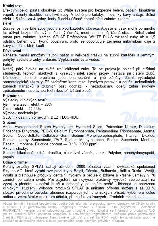Splat Professional White Plus Zubní Pasta 100ml - popis