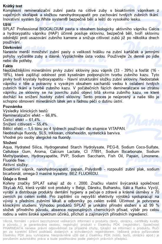 Splat Professional Biocalcium Zubní Pasta 100ml - popis