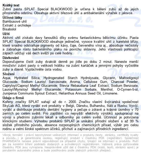 Splat Special Blackwood černá Zubní Pasta 75ml - popis