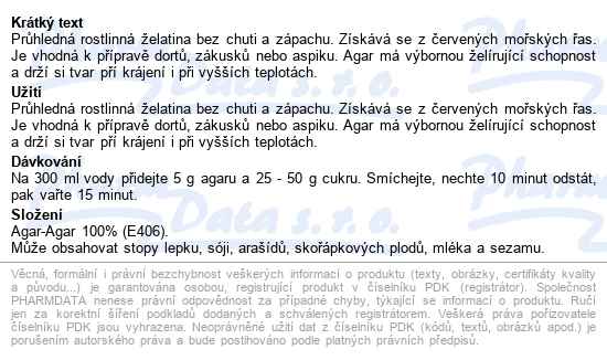 Allnature Agar Rostlinná želatina 30g - popis