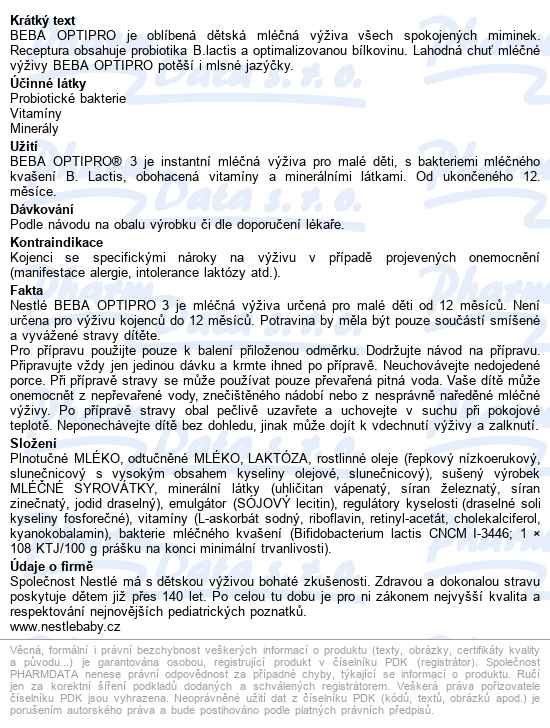 Beba Optipro 3 batolecí mléko 500 g - popis