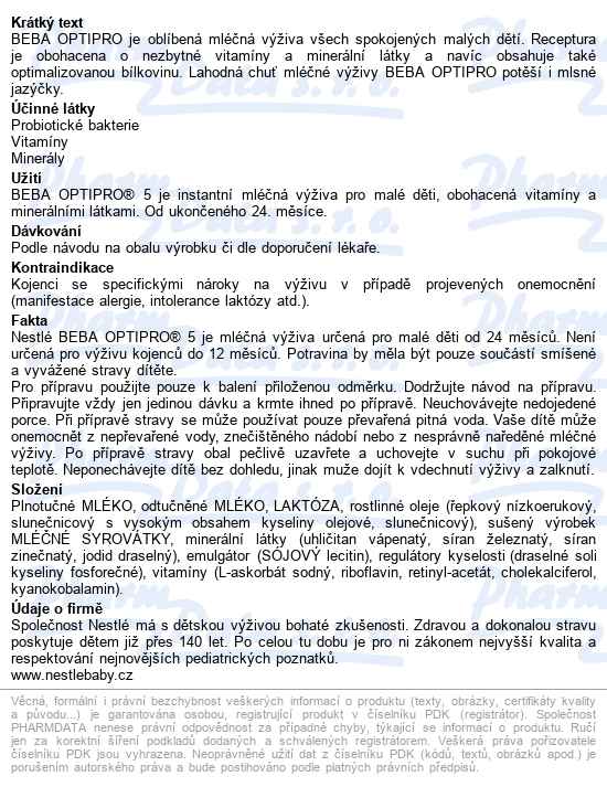 Beba Optipro 5 batolecí mléko 500 g - popis
