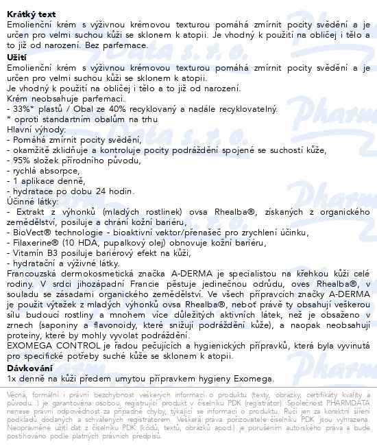 A-derma Exomega Control Emolienční krém 200 ml - popis