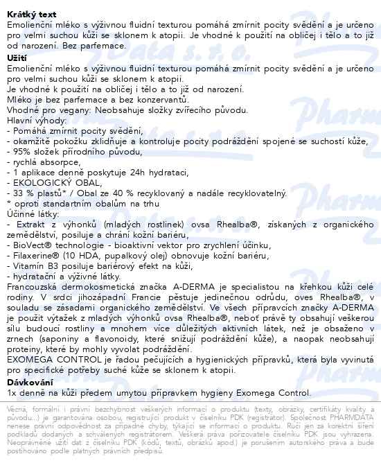 A-derma Exomega Control Emolienční mléko 200 ml - popis