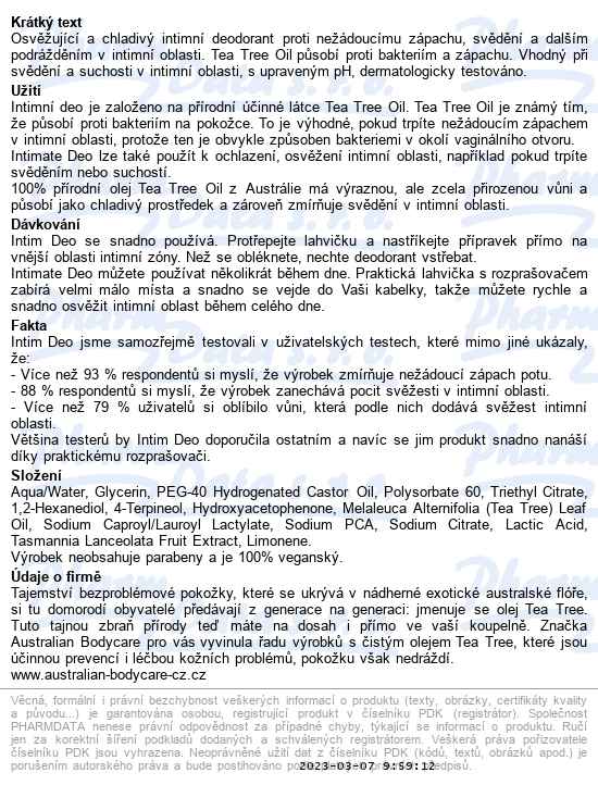 Australian Bodycare Intim Deo 100ml - popis