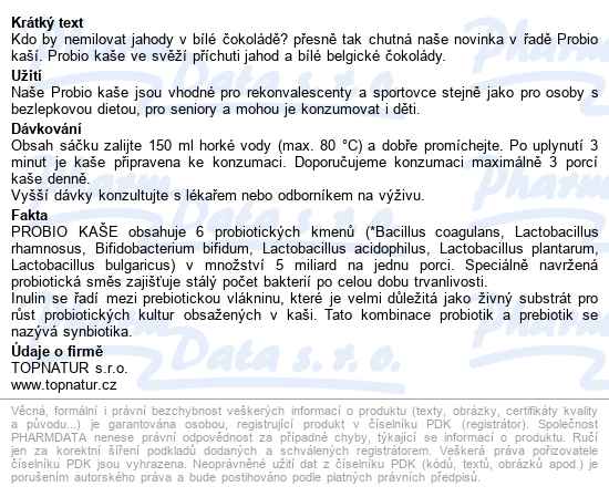Probio Kaše Jahoda&bílá čokoláda 60g Topnatur - popis