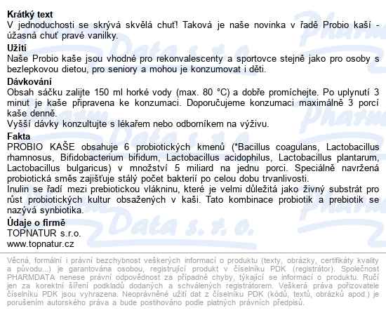 Probio Kaše Vanilka 60g Topnatur - popis