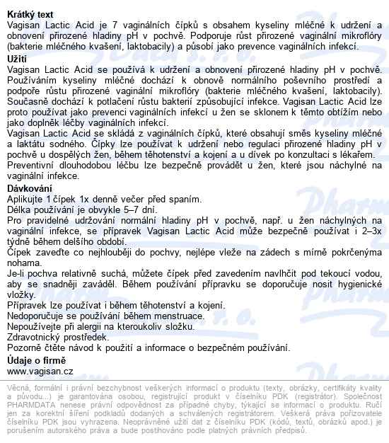 Vagisan Lactic Acid 7 čípků - popis