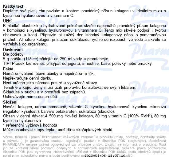 Allnature Kolagen s kyselinou hyaluronovou a vitaminem C 100 g - popis
