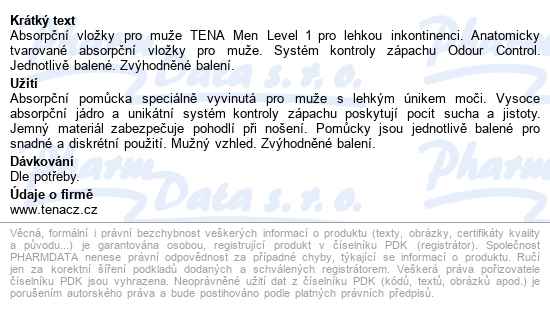 Tena Men Level 1 Inkontinenční vložky +50% Navíc 36ks - popis