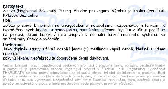 Solgar Železo 20 mg 90 kapslí - popis