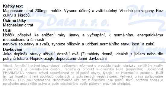 Solgar Magnesium Citrát 200mg 60 tablet - popis