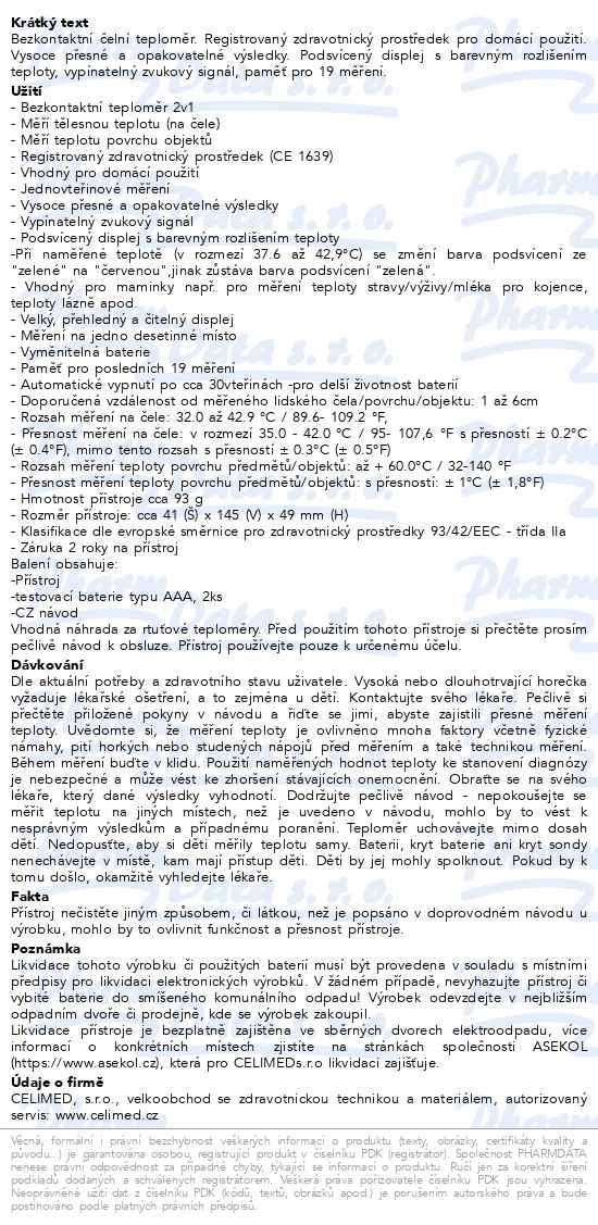 Bezkontaktní čelní Teploměr 2v1 Famidoc Fdir-v12 - popis