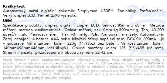Simplymed Pažní digitální tlakoměr s adapterem U80EH - popis