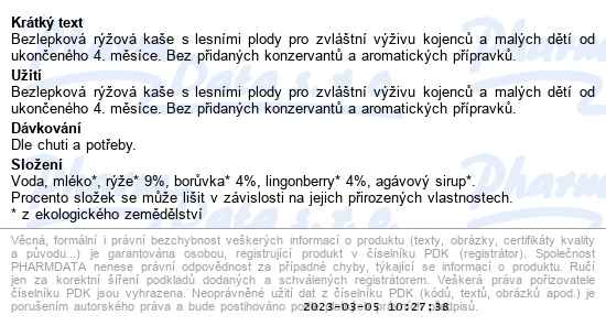 Rudolfs Rýžová kaše s lesními plody Bio 190 g - popis