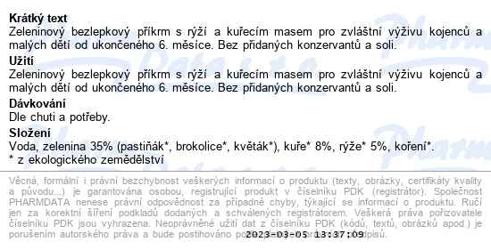 Rudolfs Zelenina, rýže a kuřecí maso Bio kapsička 110 g - popis