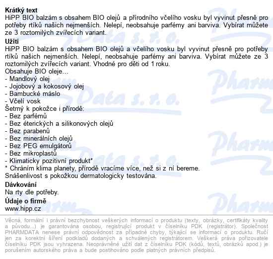 Hipp Balzám Na Rty Bio 4.8g - popis