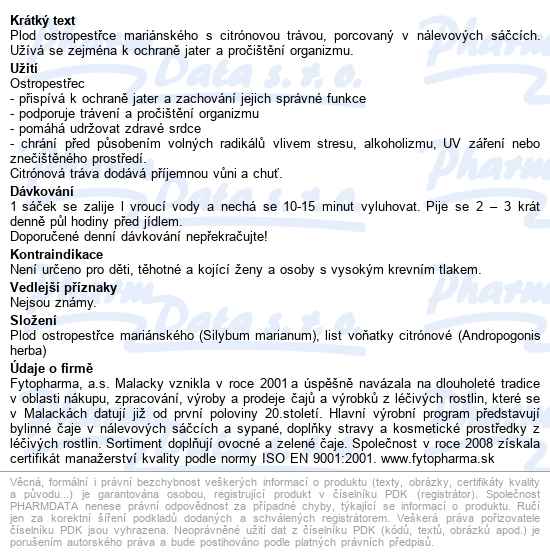 Fytopharma Ostropestřec mariánsky s citrónovou trávou 20x2 g - popis