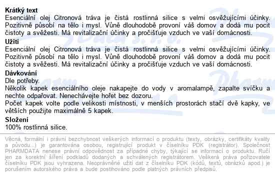 Autentis Citronová tráva esenciální olej 10 ml - popis