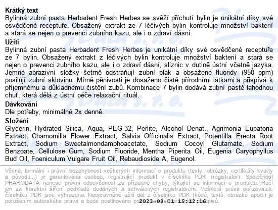 Herbadent Bylinná zubní pasta fresh herbs 75g - popis