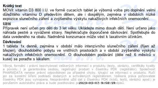 Movit Vitamin D3 800 I.u. Pro Děti Tbl.90 - popis