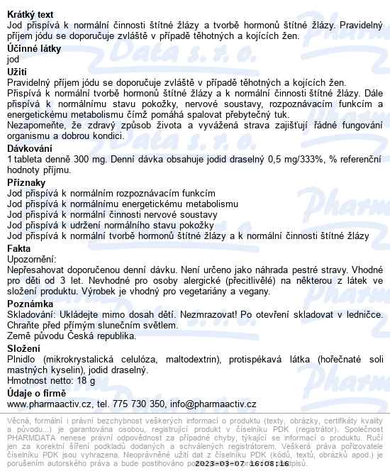 Pharma Activ Jodid draselný forte 60 tablet - popis